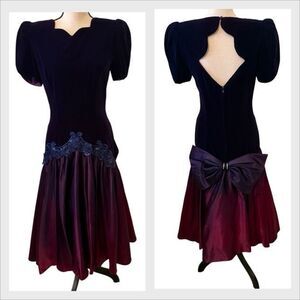 Vtg Niki Originals Purple Velvet and Satin Dropped Waist Dress Sz 6 Castlecore